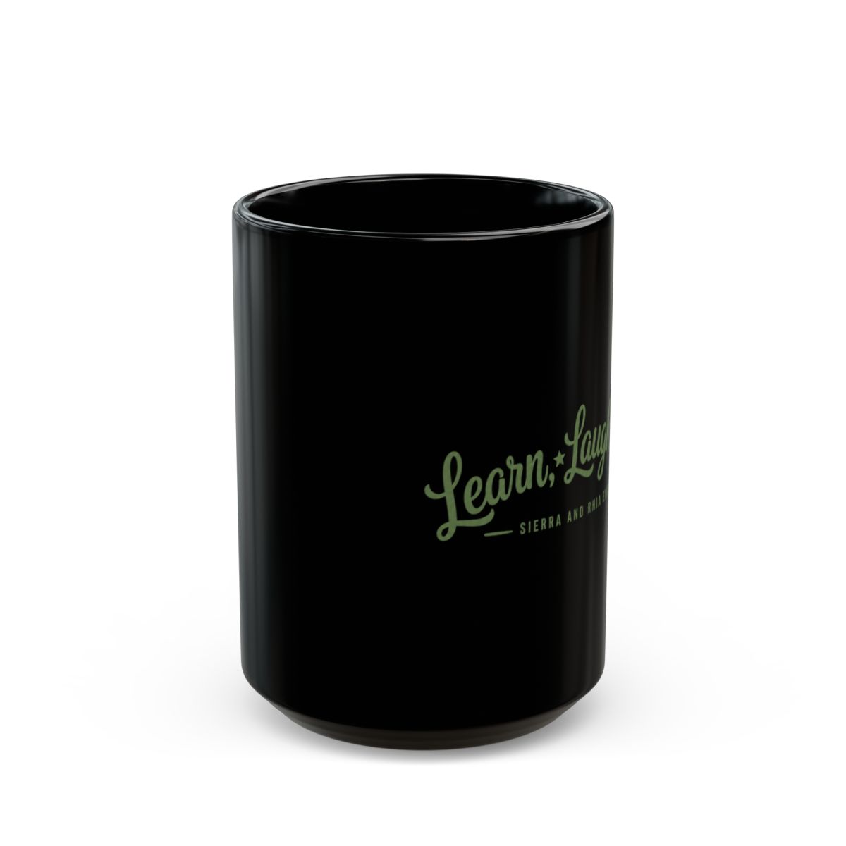 Sierra and Rhia English "Learn, Laugh, Live!" Black Mug - alternate angle 1, merchandise