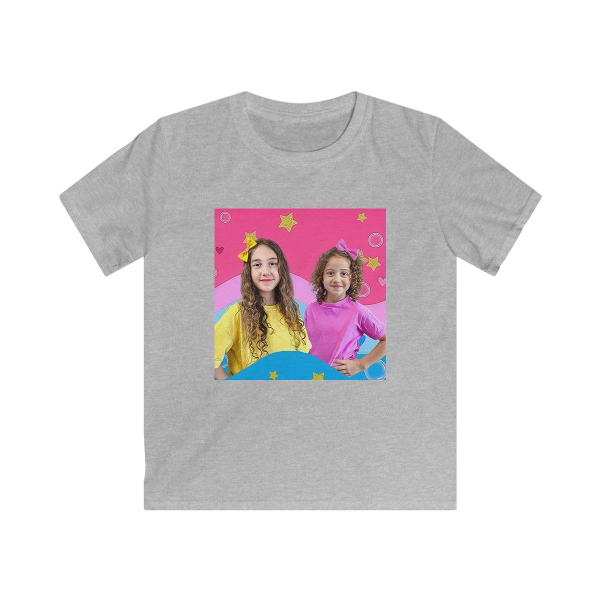 Happy Kids Rainbow Portrait Tee | Colorful Star Background Kids Shirt Sierra and Rhia English - alternate angle 3, merchandise