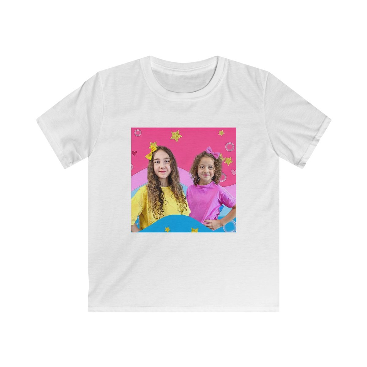 Happy Kids Rainbow Portrait Tee | Colorful Star Background Kids Shirt Sierra and Rhia English - Official apparel merchandise