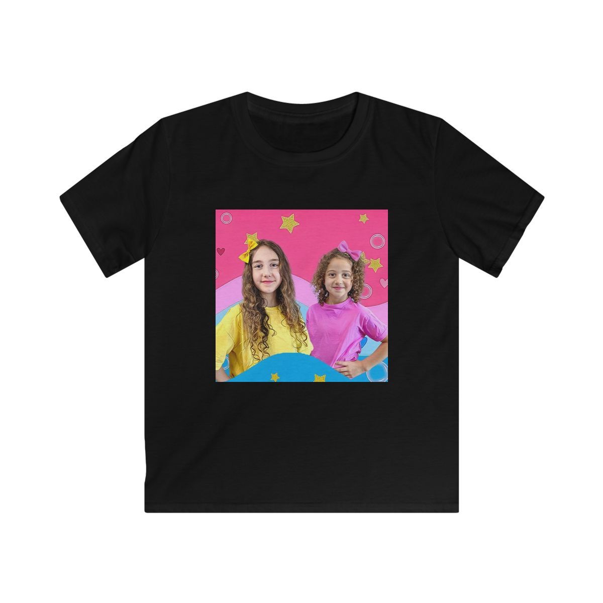 Happy Kids Rainbow Portrait Tee | Colorful Star Background Kids Shirt Sierra and Rhia English