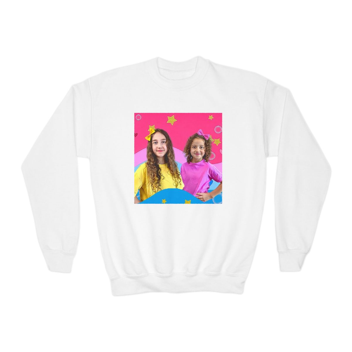 Colorful Kids Photo Collage Youth Crewneck Sweatshirt | Rainbow Stars Design Sierra and Rhia English