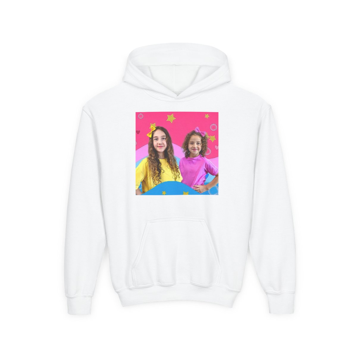 Smiling Kids Rainbow Graphic Hoodie | Youth Sweatshirt, Bright Pink Background Sierra and Rhia English