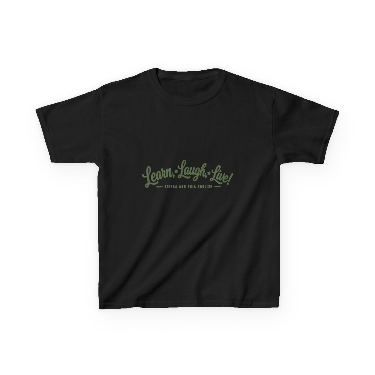 Sierra and Rhia English "Learn, Laugh, Live!" Unisex Kids Tee - alternate angle 2, merchandise
